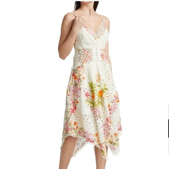 FARM Rio “Delicate Forest Scarves” Eyelet Midi Dress • Rare Print • Size M - Picture 2 of 12